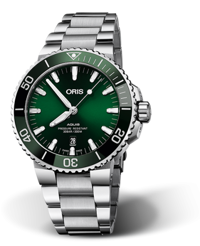 Oris Aquis Date 43 Paslanmaz Çelik / Yeşil / Bilezik, referans 01 733 7730 4157-07 8 24 05PEB