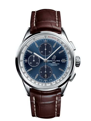 Breitling Premier Chronograph 42 Paslanmaz Çelik / Mavi / Croco Kahverengi / Tang, referans A13315351C1P2