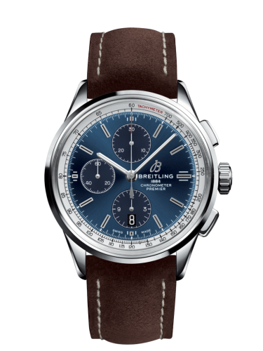 Breitling Premier Chronograph 42 Paslanmaz Çelik / Mavi / Nubuck Kahverengi / Tang, referans A13315351C1X2