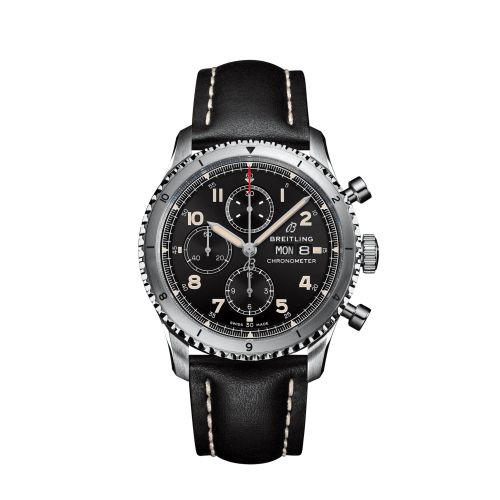 Aviator 8 Chronograph 43 Paslanmaz Çelik / Siyah / Calf / Folding