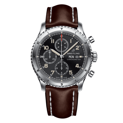Aviator 8 Chronograph 43 Paslanmaz Çelik / Siyah / Calf / Folding