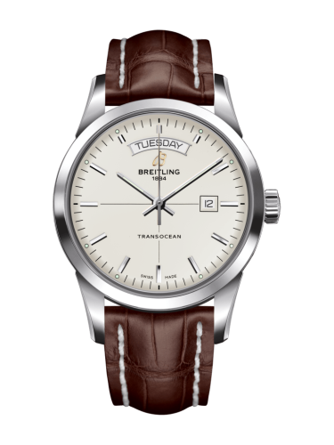 Breitling Transocean Day &amp; Date Paslanmaz Çelik / Gümüş / Croco / Folding 43mm, referans A4531012/G751/740P/A20D.1