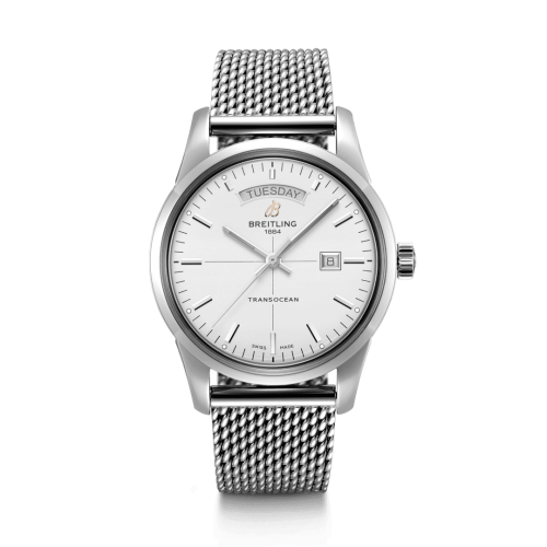 Breitling Transocean Day &amp; Date Paslanmaz Çelik / Gümüş / Milanese 43mm, referans A45310121G1A1