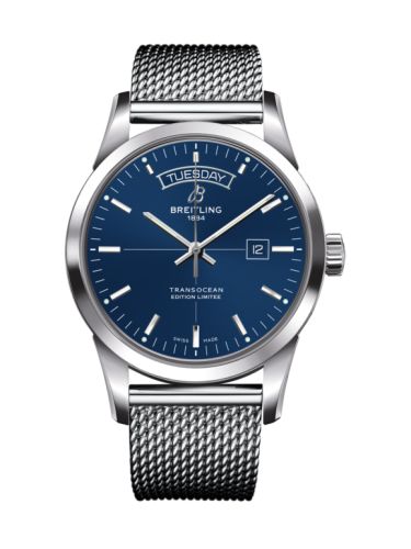 Breitling Transocean Day &amp; Date Paslanmaz Çelik / Mavi / Milanese 43mm, referans A453109T.C921.154A