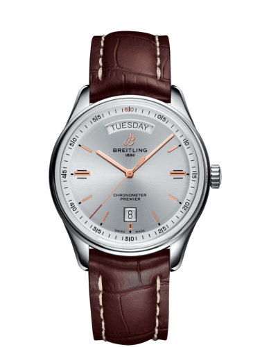 Breitling Premier Automatic Day &amp; Date 40 Paslanmaz Çelik / Gümüş / Croco Kahverengi / Folding, referans A45340211G1P1