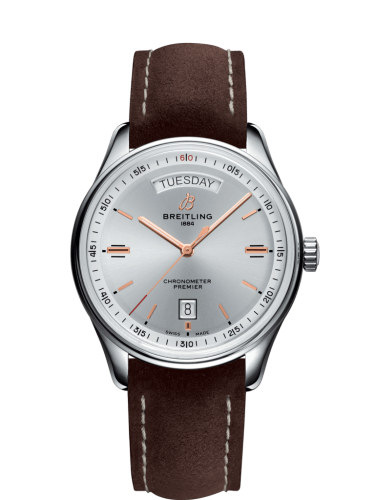 Breitling Premier Automatic Day &amp; Date 40 Paslanmaz Çelik / Gümüş / Nubuck Kahverengi / Folding, referans A45340211G1X1