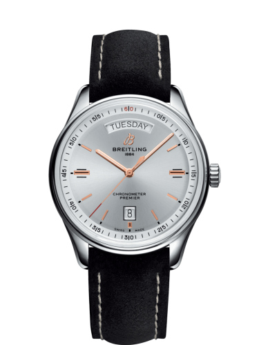 Breitling Premier Automatic Day &amp; Date 40 Paslanmaz Çelik / Gümüş / Nubuck Siyah / Tang, referans A45340211G1X4
