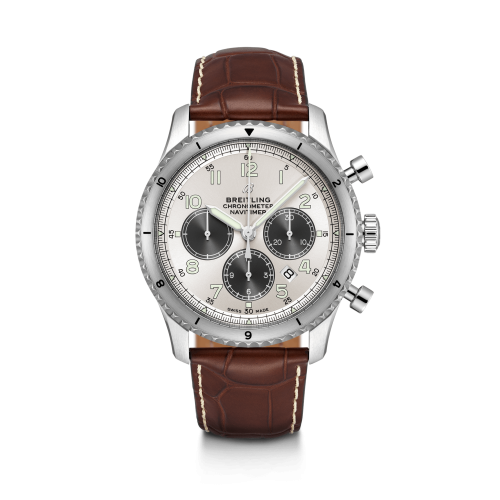 Aviator 8 B01 Chronograph 43 Paslanmaz Çelik / Gümüş / Kahverengi Croco