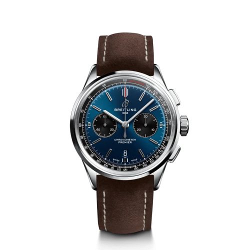 Breitling Premier B01 Chronograph 42 Paslanmaz Çelik / Mavi / Kahverengi Nubuck / Pin, referans AB0118221C1X2