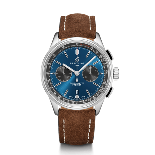 Breitling Premier B01 Chronograph 42 Paslanmaz Çelik / Mavi / Kahverengi Nubuck / Pin, referans AB0118A61C1X3