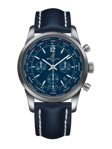 Breitling Transocean Chronograph Unitime Pilot Paslanmaz Çelik / Mavi / Calf 46mm, referans AB0510U9|C879|101X
