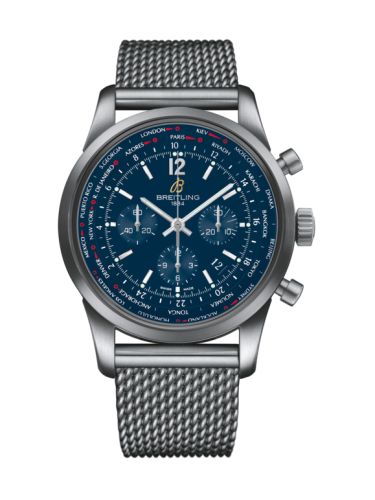 Breitling Transocean Chronograph Unitime Pilot Paslanmaz Çelik / Mavi / Milanese 46mm, referans AB0510U9.C879.159A