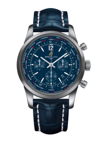 Breitling Transocean Chronograph Unitime Pilot Paslanmaz Çelik / Mavi / Croco 46mm, referans AB0510U9.C879.746P