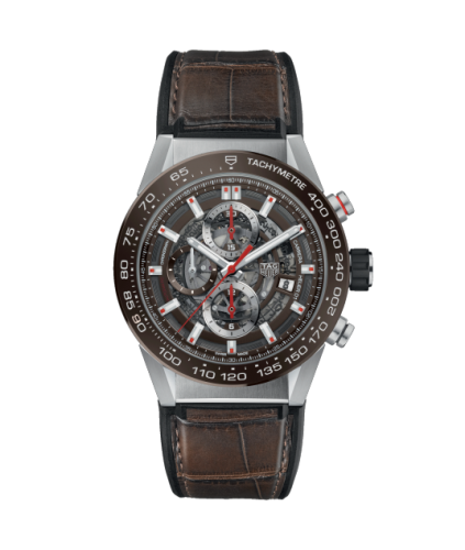 TAG Heuer Carrera Calibre Heuer 01 43 Paslanmaz Çelik / Kahverengi Seramik / Alligator, referans CAR201U.FC6405
