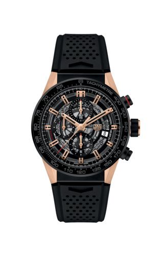 TAG Heuer Carrera Calibre Heuer 01 43 Pembe Altın / İskelet / Kauçuk, referans CAR205A.FT6087