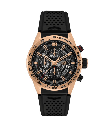 TAG Heuer Carrera Calibre Heuer 01 43 Pembe Altın / İskelet / Kauçuk, referans CAR205B.FT6087