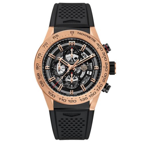 TAG Heuer Carrera Calibre Heuer 01 45 Pembe Altın / İskelet / Kauçuk, referans CAR2A5B.FT6044