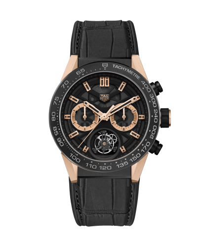 TAG Heuer Carrera Calibre Heuer 02T 45 Chronograph Tourbillon Titanyum / Seramik / Pembe Altın / Alligator, referans CAR5A5Y.FC6377