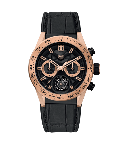 TAG Heuer Carrera Calibre Heuer 02T 45 Chronograph Tourbillon Titanyum / Pembe Altın / Alligator, referans CAR5A5Z.FC6377