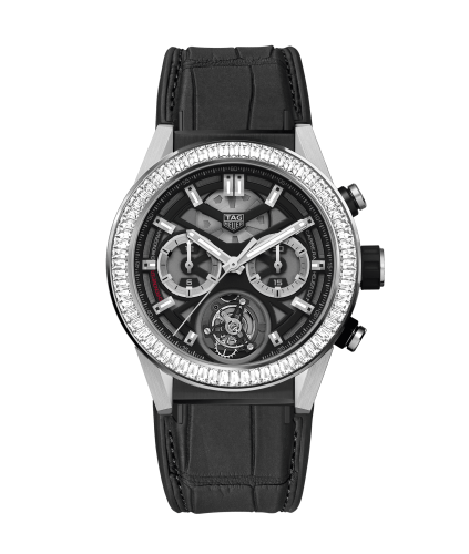 TAG Heuer Carrera Calibre Heuer 02T 45 Chronograph Tourbillon Titanyum / Paslanmaz Çelik / Baguette / Alligator, referans CAR5A81.FC6377