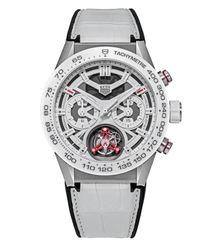 TAG Heuer Carrera Calibre Heuer 02T 45 Chronograph Tourbillon Titanyum / Seramik / Alligator / Ginza, referans CAR5A8S.EB0136