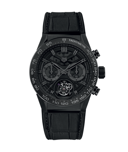 TAG Heuer Carrera Calibre Heuer 02T 45 Chronograph Tourbillon Titanyum / Seramik / Alligator / Siyah Phantom, referans CAR5A8Z.FC6377