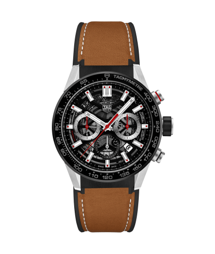 TAG Heuer Carrera Calibre Heuer 02 43 Paslanmaz Çelik / Siyah Seramik / İskelet / Calf, referans CBG2010.FT6144