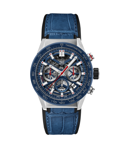 TAG Heuer Carrera Calibre Heuer 02 43 Paslanmaz Çelik / Mavi Seramik / İskelet / Alligator, referans CBG2011.FC6430