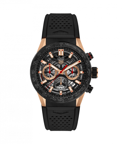 TAG Heuer Carrera Calibre Heuer 02 43 Pembe Altın / Carbon / İskelet / Kauçuk, referans CBG2052.FT6143