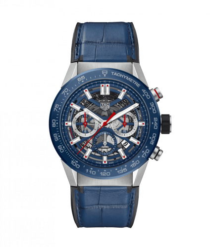 TAG Heuer Carrera Calibre Heuer 02 45 Paslanmaz Çelik / Mavi Seramik / İskelet / Alligator, referans CBG2A11.FC6460