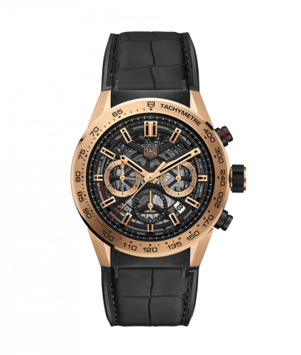 TAG Heuer Carrera Calibre Heuer 02 45 Pembe Altın / İskelet / Alligator, referans CBG2A51.FC6450