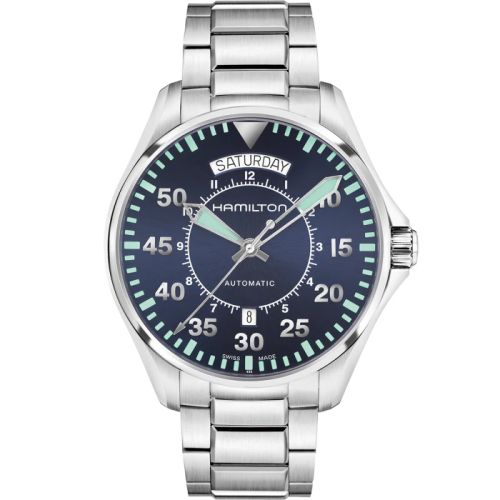 Hamilton Khaki Pilot Day Date Auto 42 Paslanmaz Çelik / Mavi / Bilezik, referans H64615145