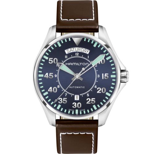 Hamilton Khaki Pilot Day Date Auto 42 Paslanmaz Çelik / Mavi / Kayış, referans H64615545