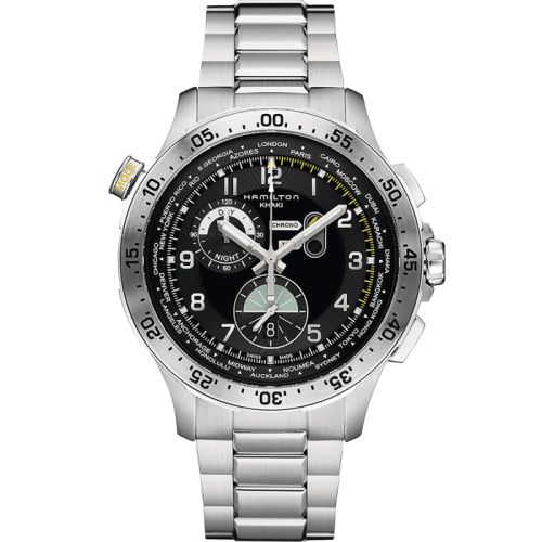 Hamilton Khaki Pilot Chrono Worldtimer Paslanmaz Çelik / Siyah / Bilezik 45mm, referans H76714135