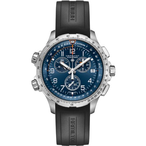 Hamilton Khaki Aviation X-Wind GMT Chrono Quartz Stainless Steel / Blue / Rubber 46mm, reference H77922341