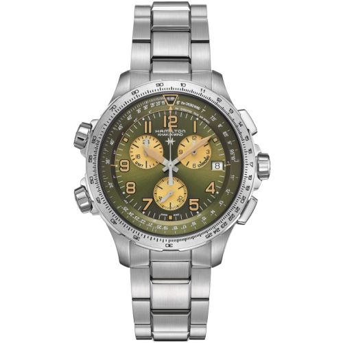 Hamilton Khaki Aviation X-Wind GMT Chrono Quartz Paslanmaz Çelik / Yeşil / Bilezik 46mm, referans H77932160