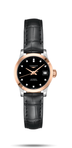 Longines Record 26mm Paslanmaz Çelik / Pembe Altın / Siyah-Elmas / Alligator, referans L2.320.5.57.2