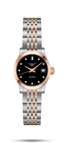 Longines Record 26mm Paslanmaz Çelik / Pembe Altın / Siyah-Elmas / Bilezik, referans L2.320.5.57.7