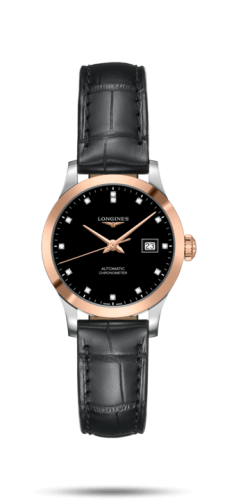 Longines Record 30mm Paslanmaz Çelik / Pembe Altın / Siyah-Elmas / Alligator, referans L2.321.5.57.2