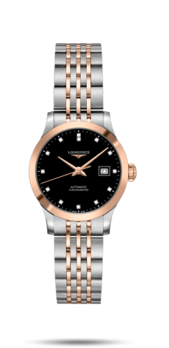 Longines Record 30mm Paslanmaz Çelik / Pembe Altın / Siyah-Elmas / Bilezik, referans L2.321.5.57.7
