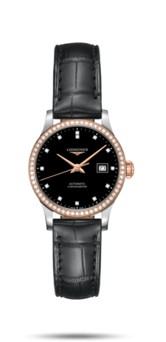 Longines Record 30mm Paslanmaz Çelik / Pembe Altın / Elmas / Siyah-Elmas / Alligator, referans L2.321.5.59.2