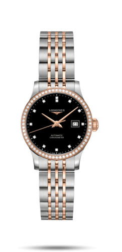 Longines Record 30mm Paslanmaz Çelik / Pembe Altın / Elmas / Siyah-Elmas / Bilezik, referans L2.321.5.59.7