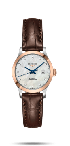 Longines Record 30mm Paslanmaz Çelik / Pembe Altın / MOP-Elmas / Alligator, referans L2.321.5.87.2