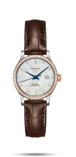 Longines Record 30mm Paslanmaz Çelik / Pembe Altın / Elmas / MOP-Elmas / Alligator, referans L2.321.5.89.2