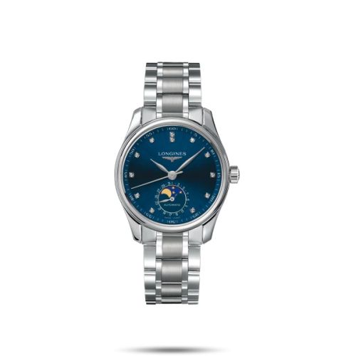 Longines Master Collection 34 Moonphase Paslanmaz Çelik / Mavi-Elmas / Bilezik, referans L2.409.4.97.6