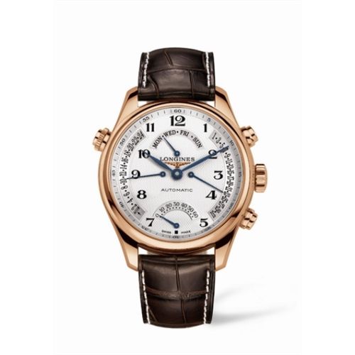 Longines Master Collection 44 Retrograde Pembe Altın / Gümüş-Arabic / Alligator XL, referans L2.717.8.78.5
