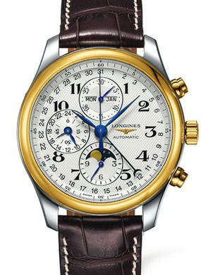 Longines Master Collection 42 Chronograph Calendar Paslanmaz Çelik / Sarı Altın / Gümüş-Arabic / Alligator, referans L2.773.5.78.3
