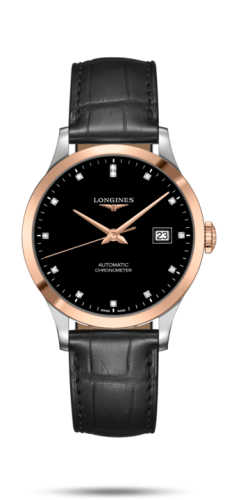 Longines Record 38.5mm Paslanmaz Çelik / Pembe Altın / Siyah-Elmas / Alligator, referans L2.820.5.57.2