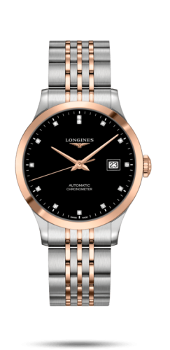 Longines Record 38.5mm Paslanmaz Çelik / Pembe Altın / Siyah-Elmas / Bilezik, referans L2.820.5.57.7