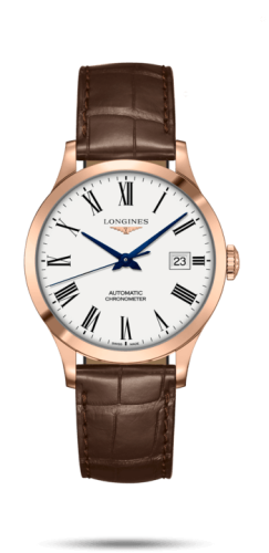 Longines Record 38.5mm Pembe Altın / Beyaz-Roman / Alligator, referans L2.820.8.11.2